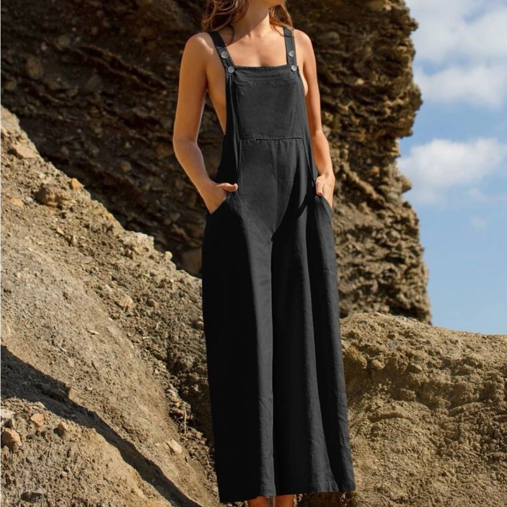 Linen Blend Casual Black Overalls Pockets Jumpsuit Wide Leg - Picture 4 of 7